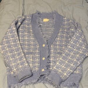 Dreamers By Debut Blue and Cream Checkered Fringe Cardigan